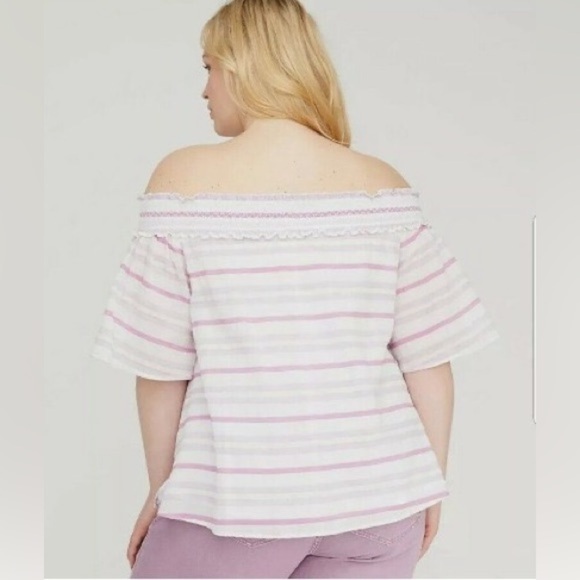 NWT LANE BRYANT SMOCKED OFF THE SHOULDER TOP 18/20 pink, white and purple color - Picture 3 of 12